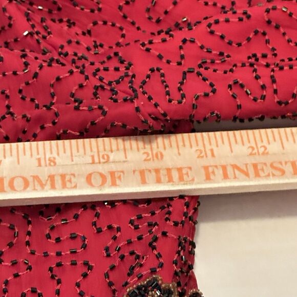 Laurence Kazar XL Formal Jacket Red Collarless Crop Black Gold Beads Lined VTG - Picture 5 of 6